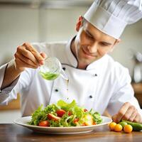 A man in a chef hat is pouring a sauce on a salad photo