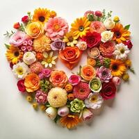 Heart made of flowers on white background photo