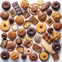 Assortment of chocolate and other sweets on white background photo