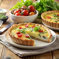 A quiche on a plate with a slice missing photo
