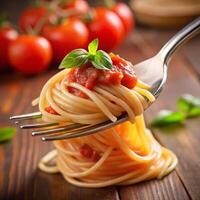 Spaghetti with tomato sauce on fork on wooden table photo