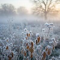 Frosty plants in a field at sunrise photo