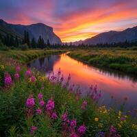 A river flows through a field of wildflowers at sunset photo