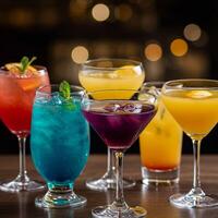 A group of colorful cocktails on a wooden table photo
