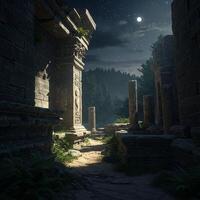 An ancient stone path in the middle of a forest photo