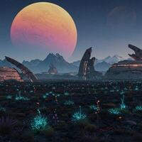 An alien landscape with a giant planet in the background photo