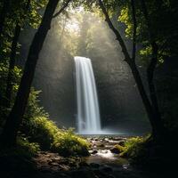 A waterfall in the woods with sunlight shining through the trees photo