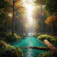 un hermosa bosque escena con un corriente y arboles foto
