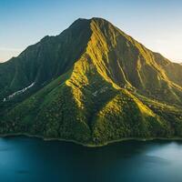 Aerial view of the mountain and lake in the morning light in the island of samoa, photo