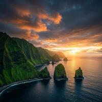 The sun sets over the ocean and green hills photo