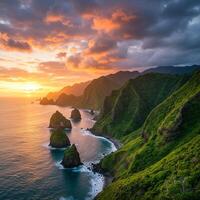 Sunset over the ocean and cliffs in hawaii photo