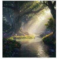 A river runs through a forest with trees and flowers photo