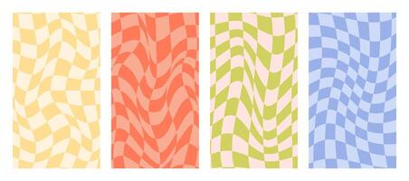 Retro backgrounds with checkerboard pattern. Curled square designs in the style of 70s, 80s. Set of wallpapers vector