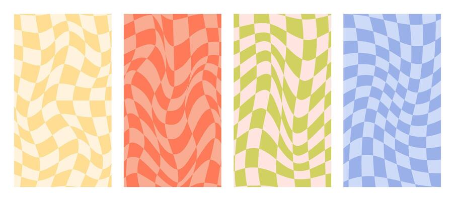 Retro backgrounds with checkerboard pattern. Curled square designs in the style of 70s, 80s. Set of wallpapers