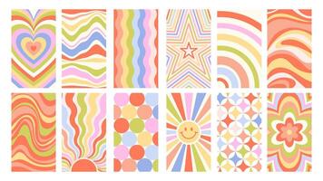 Set of rainbow vintage retro backgrounds in 80's style. Retro aesthetics of hippie, groovy. Rainbow hypnotic heart, stars, waves and stripes vector