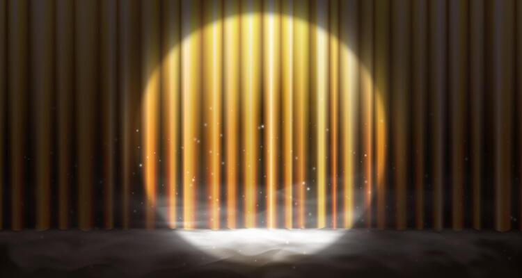 Realistic gold theater curtain illustration. Shiny silk drape with soft waves, glowing spotlights and sparkles. Perfect for stage backgrounds, award ceremonies or luxury event designs.