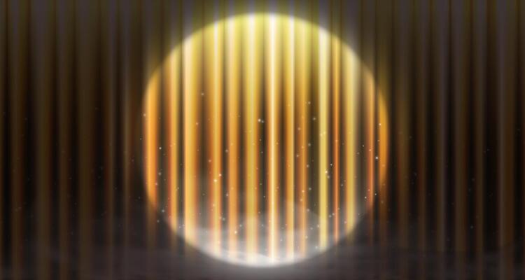 Luxury gold theater curtain illustration. Realistic silk drape with glowing spotlights, sparkles and haze. Perfect for stage backgrounds, award ceremonies or elegant event designs.