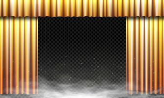 Realistic open gold theater curtain illustration. Luxurious silk drape with flowing folds, sparkles and glowing light. Perfect for stage backgrounds, performances or elegant event designs. vector