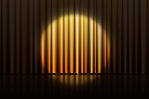 Realistic closed gold cinema curtain bg with round spotlight. Silky drapery with soft folds creates an elegant theatrical scene for show or event. Luxury fabric texture for horizontal announcement. vector