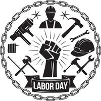 Labor Day Badge with Tools and Worker Symbols. vector