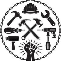 Labor Day Tools and Workers Emblem Illustration. vector