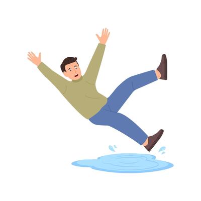 Man falls, sliding on slippery wet floor. Person slipping, falling down. Injury danger. Flat illustration isolated on white background