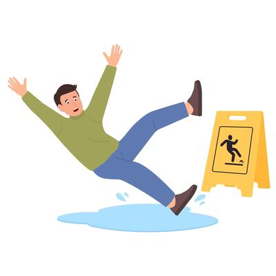The man slipped on the wet floor. Dangerous dropping. Yellow caution sign.