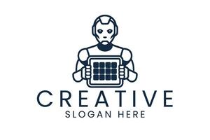 Robot Holding Digital Grid Modern Tech Design ai data icon dark blue shape vector