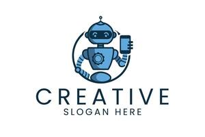 Friendly Robot Holding Smartphone Digital Art app cute blue icon data tech vector