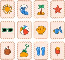 Set of retro post card stamp of summer stickers. Includes summer elements. vector