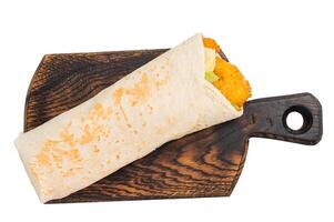 Shawarma wrap with shrimps, prawns and veggies isolated on white background photo