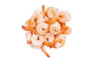 A pile of shrimp isoalted on a white background. The shrimp are small and pink. The pile is arranged in a way that makes it look like a stack of shrim. photo