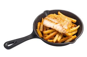 Fish and chips with roast white fish fillet and French fry in skillet isolated on white background photo