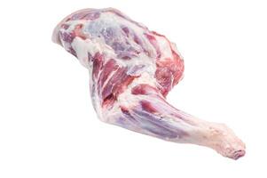 Fresh raw goat shoulder, leg perfect for slow cooking or roasting to create a tender, flavorful meal. isolated on white background. top view photo