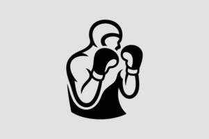 Minimalist Black and White Boxer Illustration in Fighting Stance with Dynamic Curved Lines vector