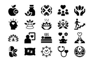 Black and White Icon Set Depicting Health, Wellness, and SelfCare Themes in Minimalistic Style vector