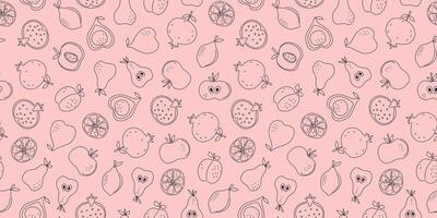 Pattern, fruit. Simple abstract fruit slices and whole fruits. Pomegranate, apple, lemon, peach, pear, fig. Vitamin natural vegetarian food. Seamless background. vector