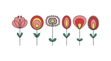 Abstract brightly colored flowers, leaves. A set of simple drawings of plants. Illustration, doodle on white isolated background. vector