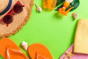 Summer vacation background with copy space. Flat lay photo color table, travel concept. Free space for text, up