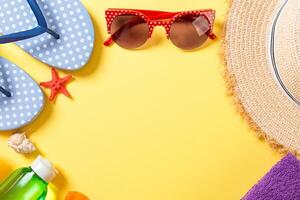 Summer vacation background with copy space. Flat lay photo on color table, travel concept Free space for text