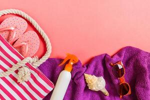 Summer bag background copy space. Flat lay photo color table, travel concept. Free space for text,