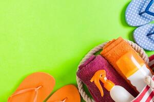 Summer bag background copy space. Flat lay photo color table, travel concept. Free space for text, mock-up