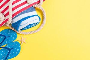Summer bag background with copy space. Flat lay photo color table, travel concept. Free space for text, mock-up