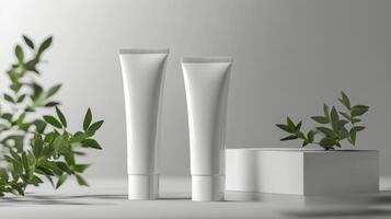 Two tubes of cream are sitting next to a plant photo