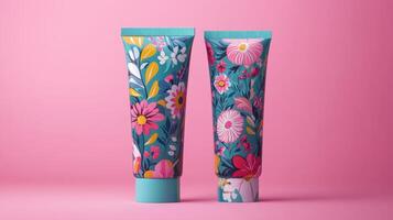 Two tubes of cream with floral designs on a pink background photo