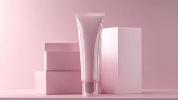Pink tube of cream cream on a pink background photo