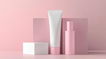 A tube of toothpaste and a box of toothpaste on a pink background photo