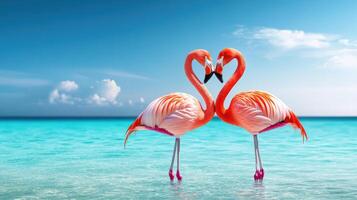 Two flamingos standing in the ocean with their heads in the shape of a heart photo