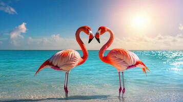 Two flamingos standing on the beach in front of the ocean photo