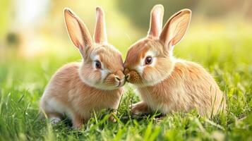 Two cute rabbits kissing on the grass photo